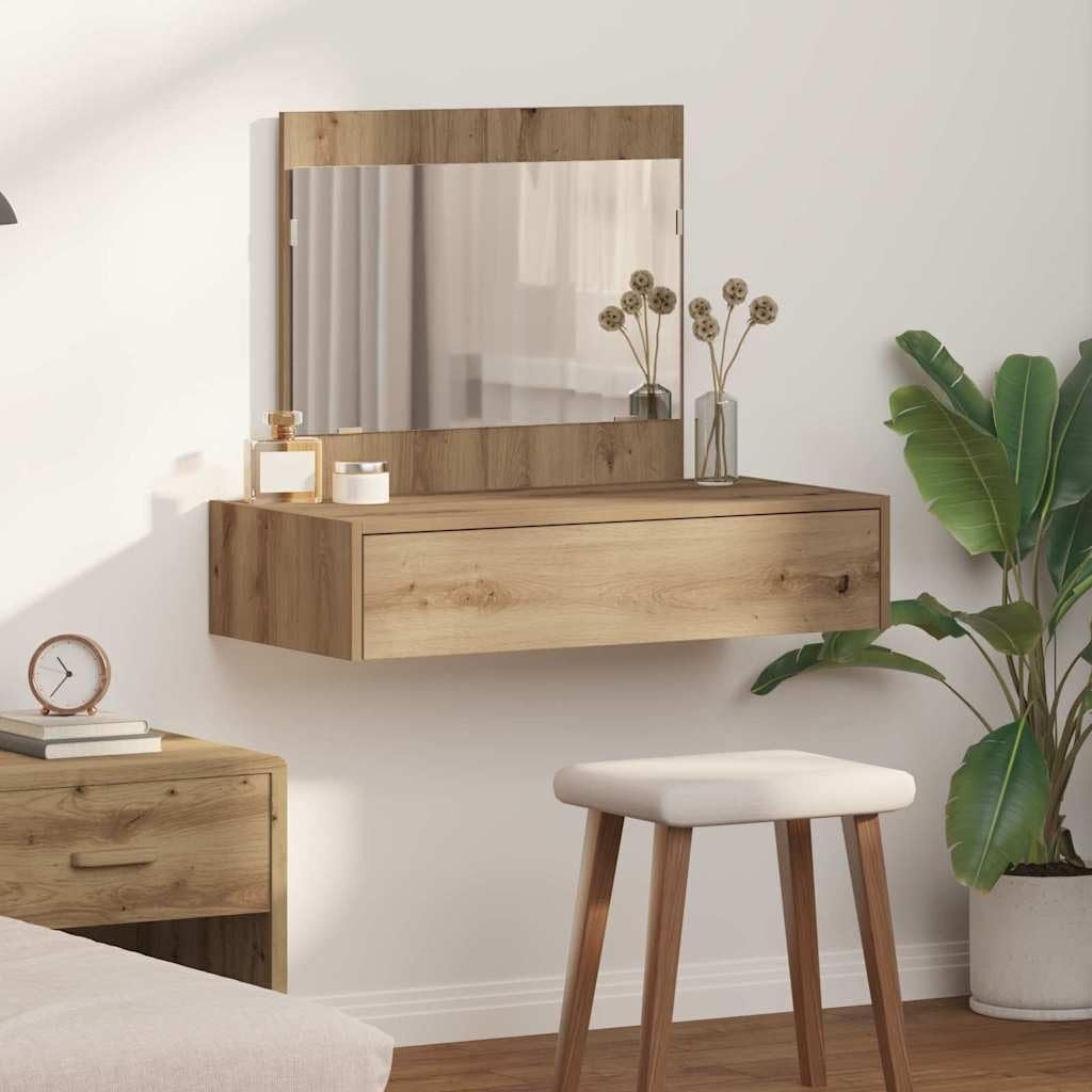 Modern Oak Wood Vanity Desk Dressing Table Mirror 1 Drawer Storage Makeup Unit