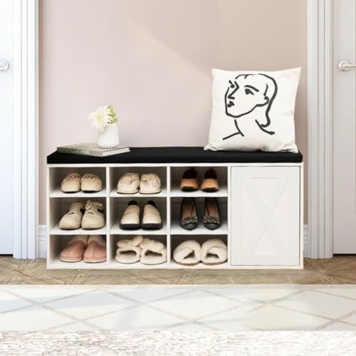 Wooden Shoe Storage Bench with Cushion & Barn Door, 9 Compartments