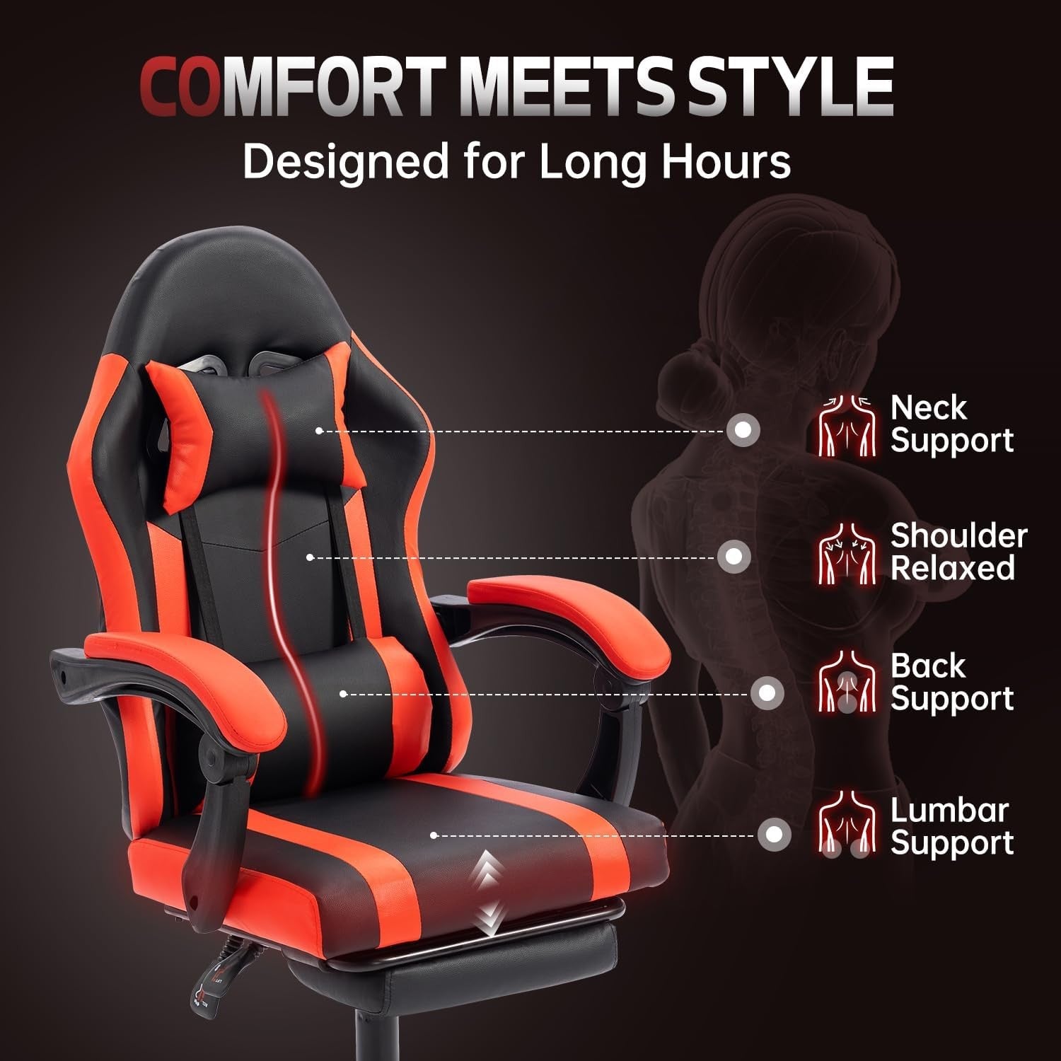 Ergonomic Gaming Chair Recliner with Footrest Lumbar Support Red