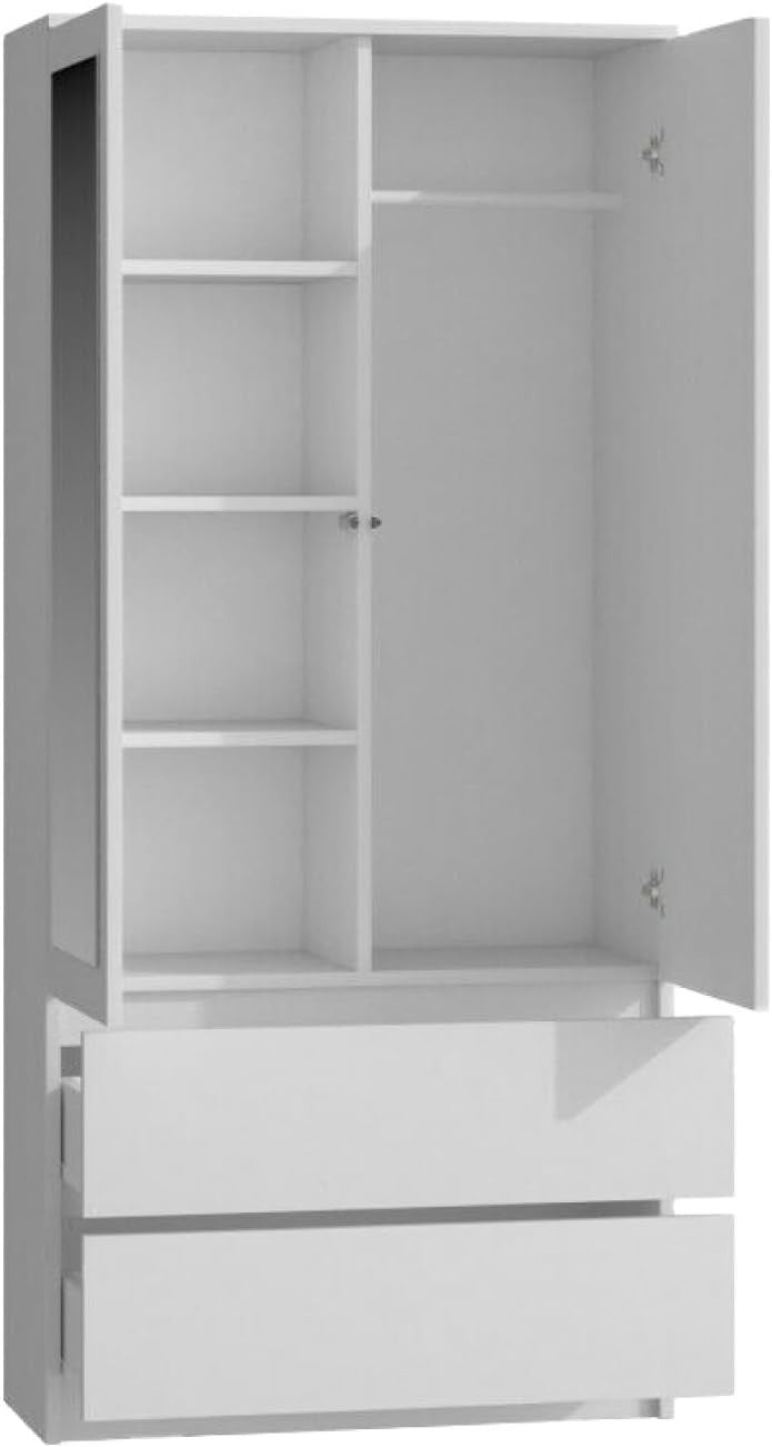 White Modern Double Wardrobe with Mirror & Drawers - Bedroom Storage