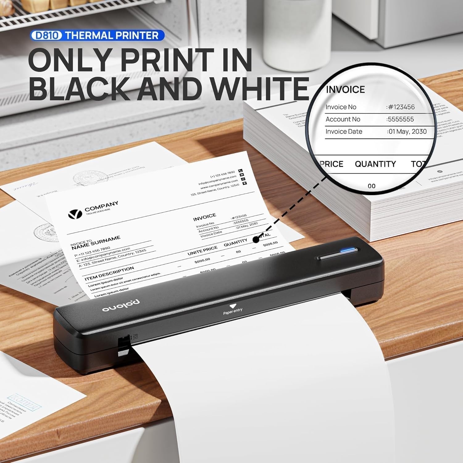 Portable A4 Wireless Thermal Printer Bluetooth Inkless Brown Travel Office
