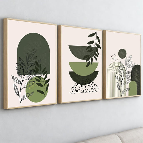 Large Sage Green Abstract Wall Art Set of 3 Framed Prints 16x24 Boho Decor