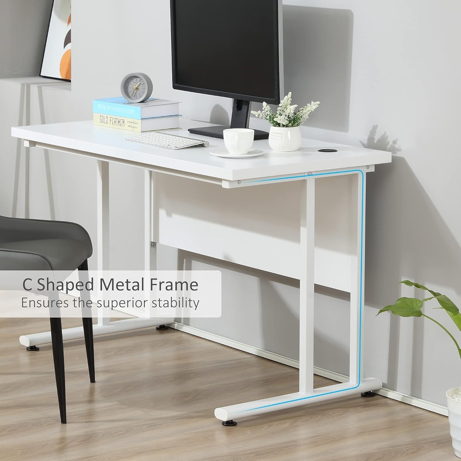 White 120x60cm Computer Desk w/Cable Holes, Metal Legs & Adjustable Feet