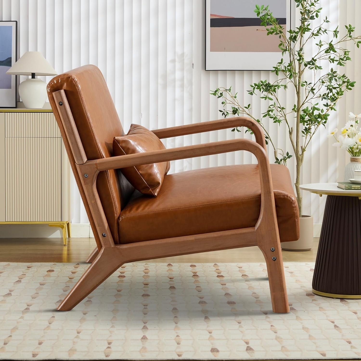 2x Brown Faux Leather Armchairs – Solid Wood High Back Lounge Chairs