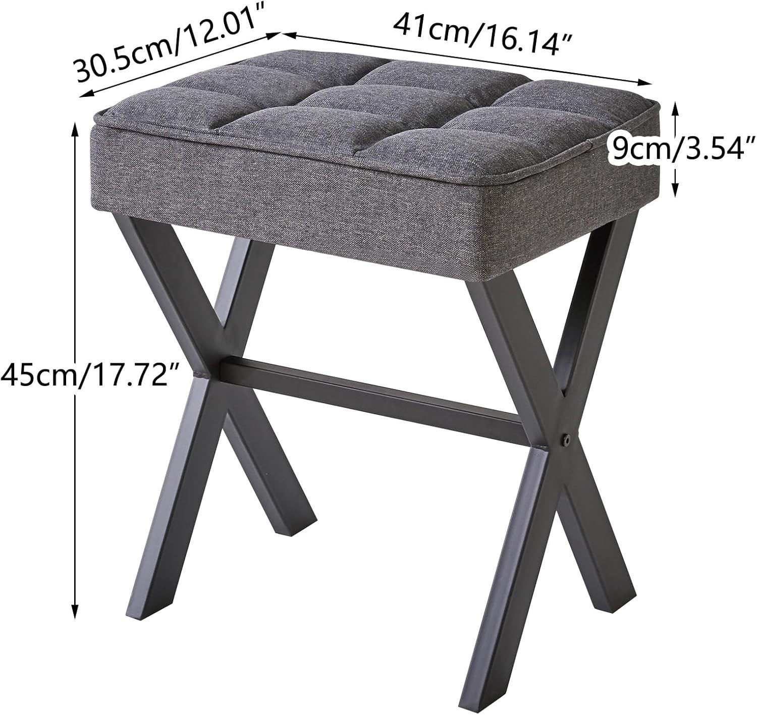 Dark Grey Linen Makeup Stool with X-Leg Base – Square Vanity Footrest