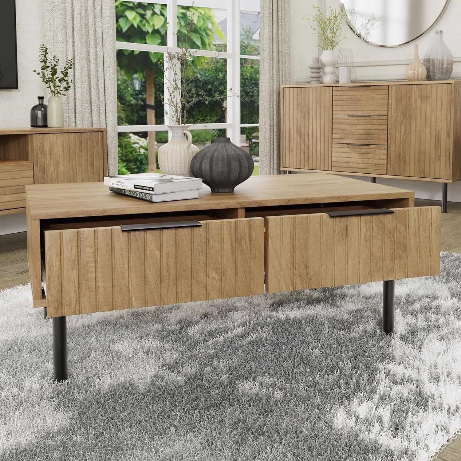 Oak Wood Coffee Table with Storage, Classic Rectangular Design 88cm