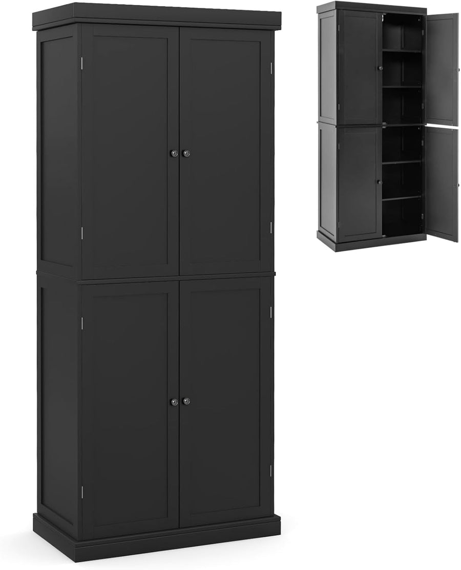 Tall Black Kitchen Cupboard 4 Door Pantry Storage Cabinet Adjustable