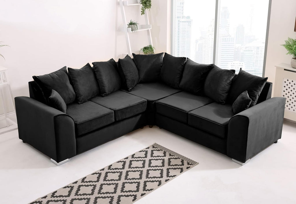 Black Plush Velvet 5 Seater Corner Sofa –Scatterback Foam Cushions & Chrome Feet