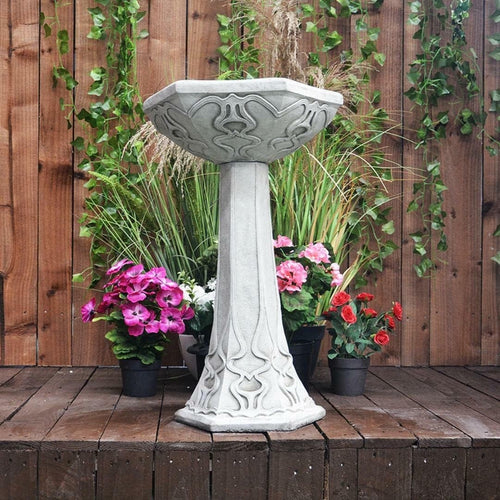 Tall Stone Bird Bath 27kg | Art Deco Garden Ornament Hand Cast Sculpture