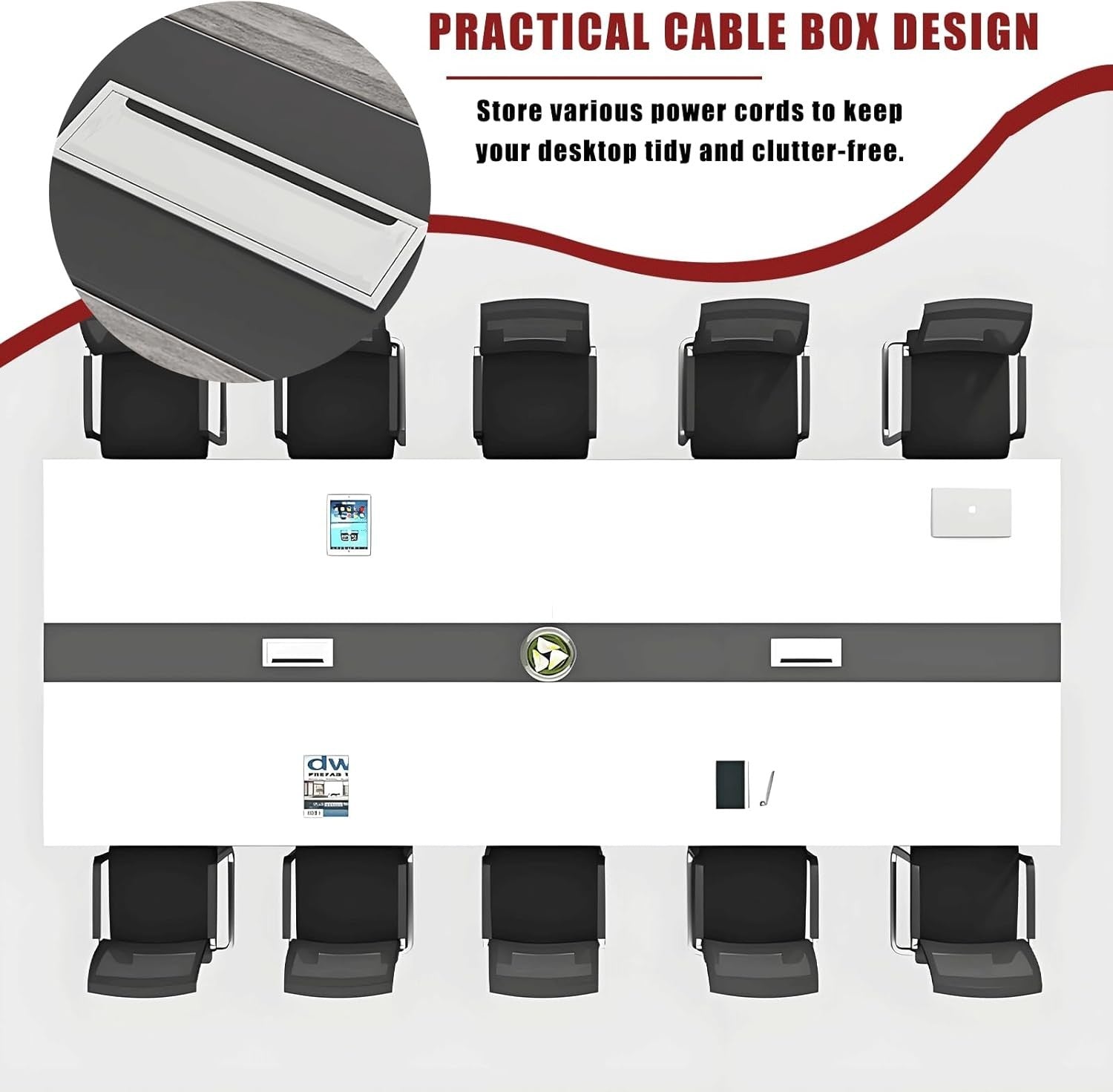 180x60cm Dark Walnut/Black Office Meeting Table w/ Cable Ports & Adjustable Feet