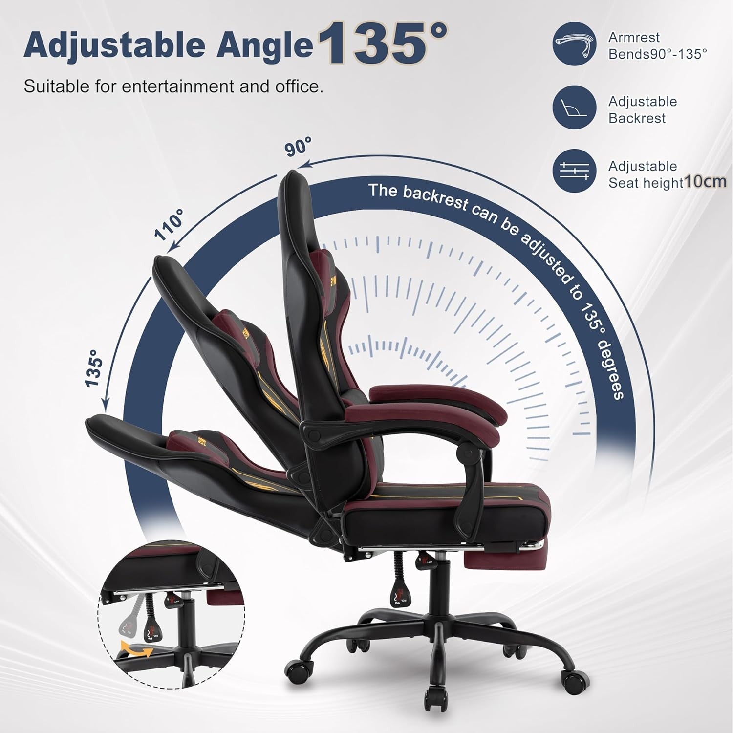 Ergonomic Gaming Chair Recliner w/ Footrest Lumbar PU Leather Red