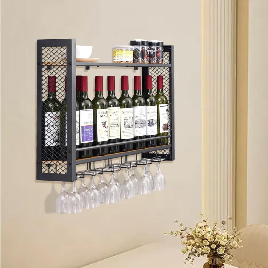 Wall Mounted Wine Rack 2 Tier Metal Wine Shelf with Glass Holder Black