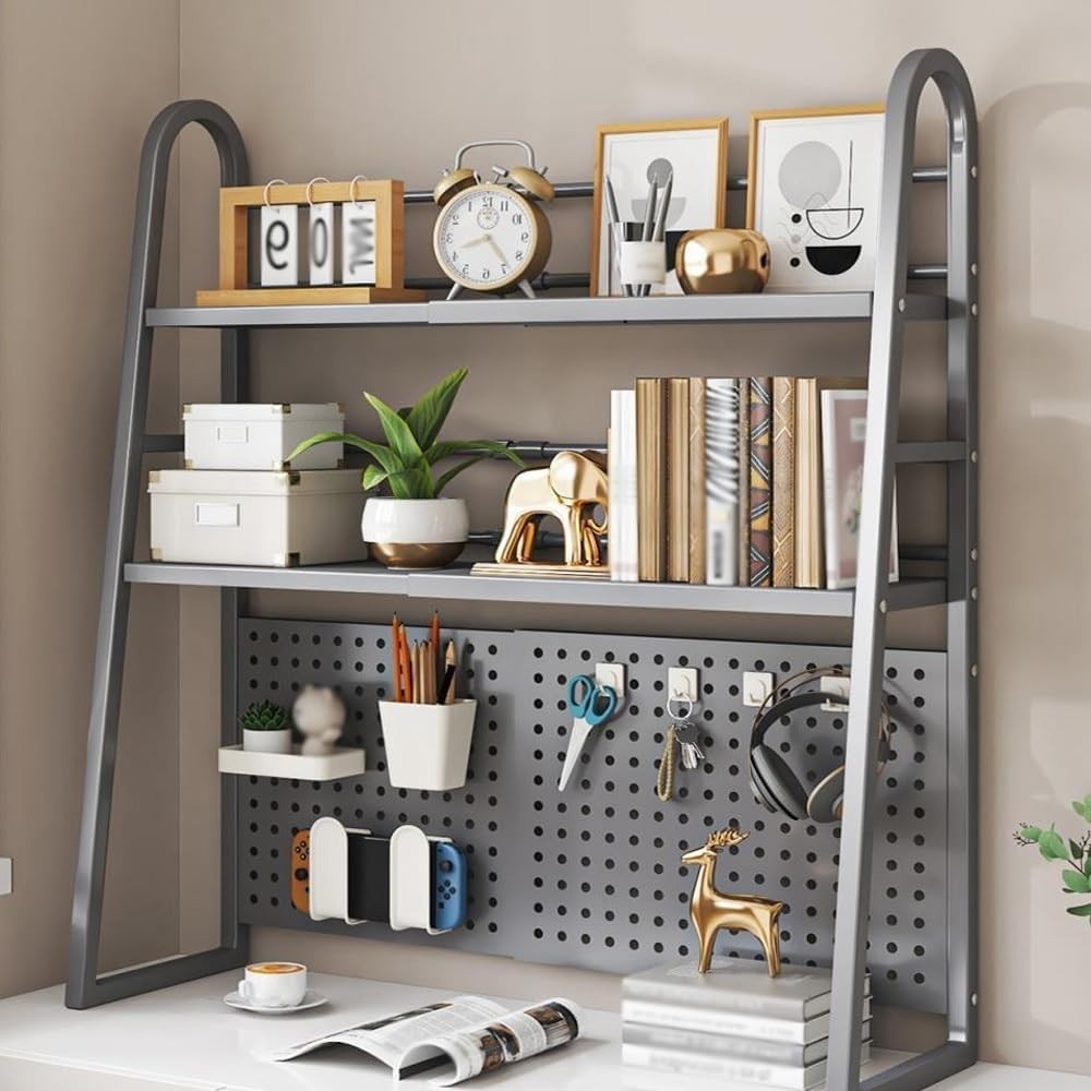 Expandable 2-Tier Desktop Bookshelf | White Metal Desk Hutch w/ Pegboard 55–96cm