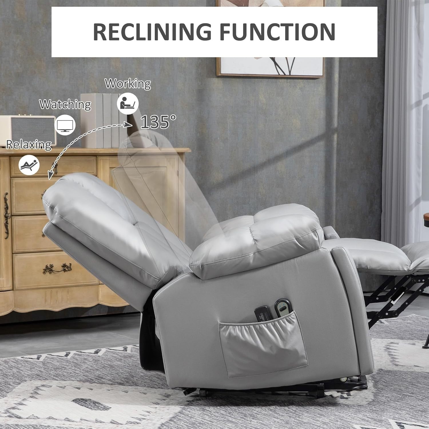 Power Lift Recliner Chair Massage 135° Recline Cup Holder Pocket Spring Grey