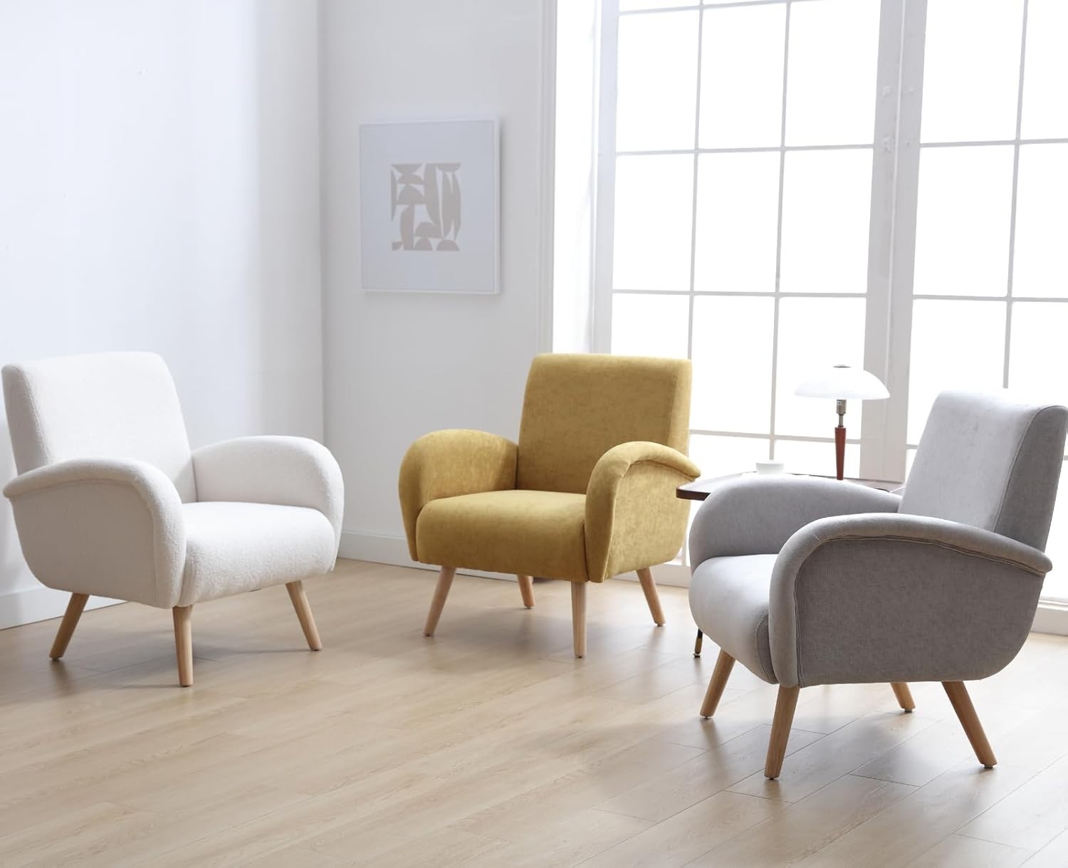 Yellow Chenille Accent Armchair High Back Lounge Chair Wooden Legs Modern
