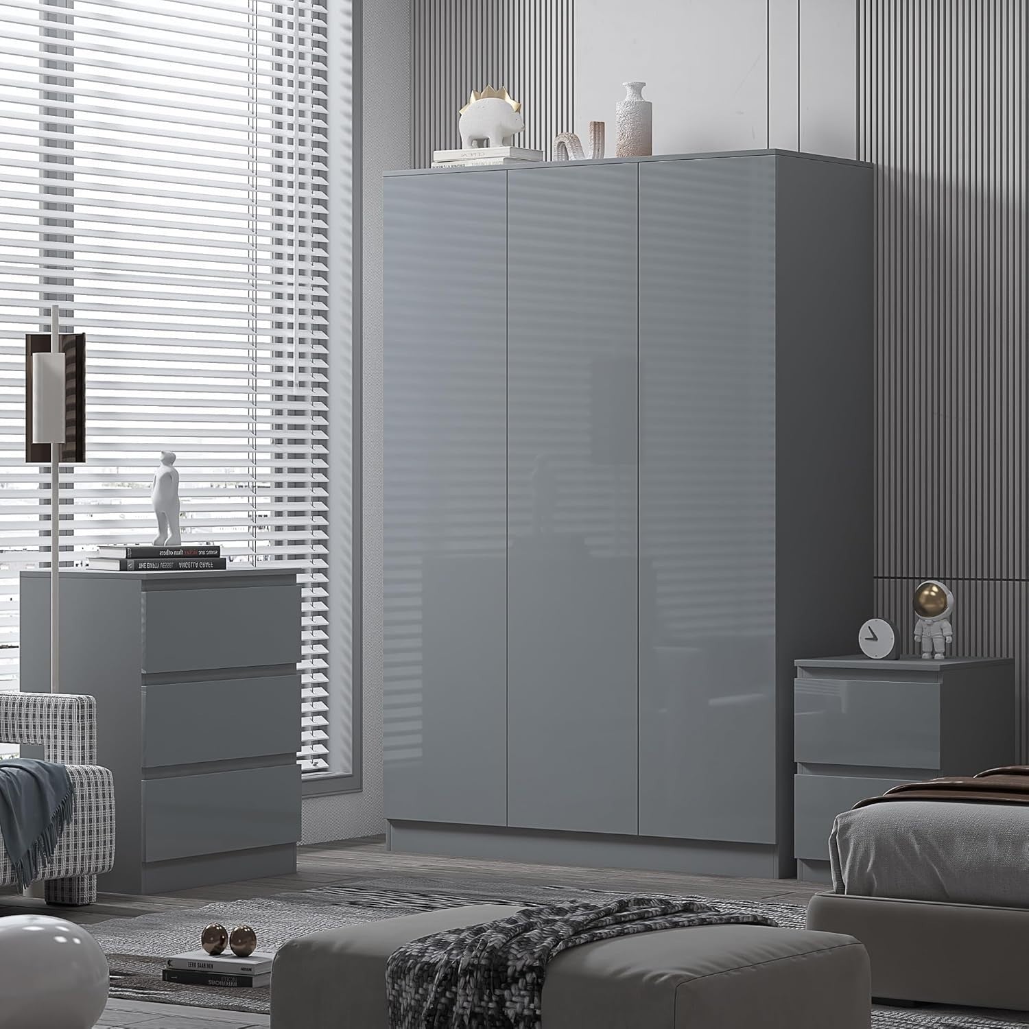 3 Door Grey Gloss Wardrobe with Hanging Rail & Shelves - 180cm x 120cm x 50cm