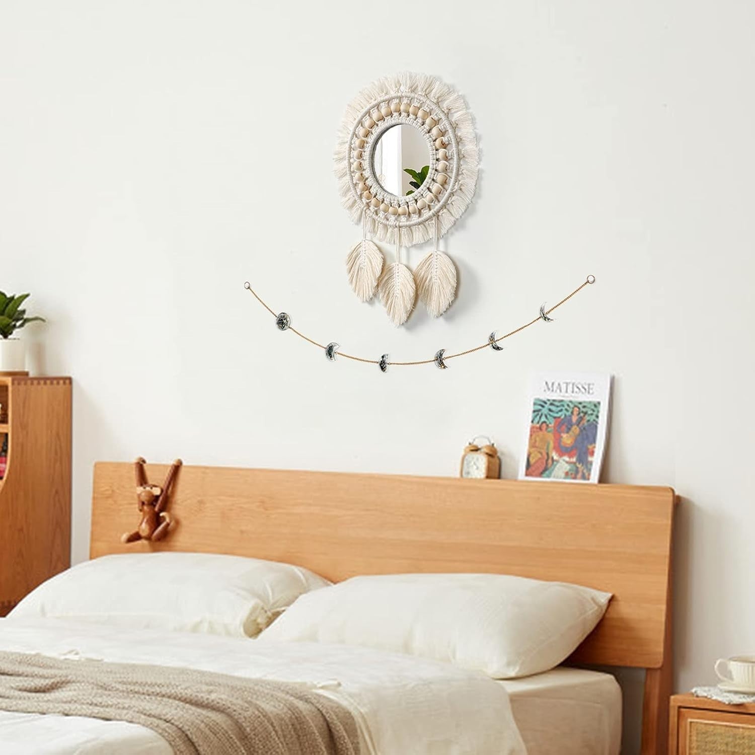 Boho Macrame Wall Mirror 13" Round Cotton Fringe Mirror Decor