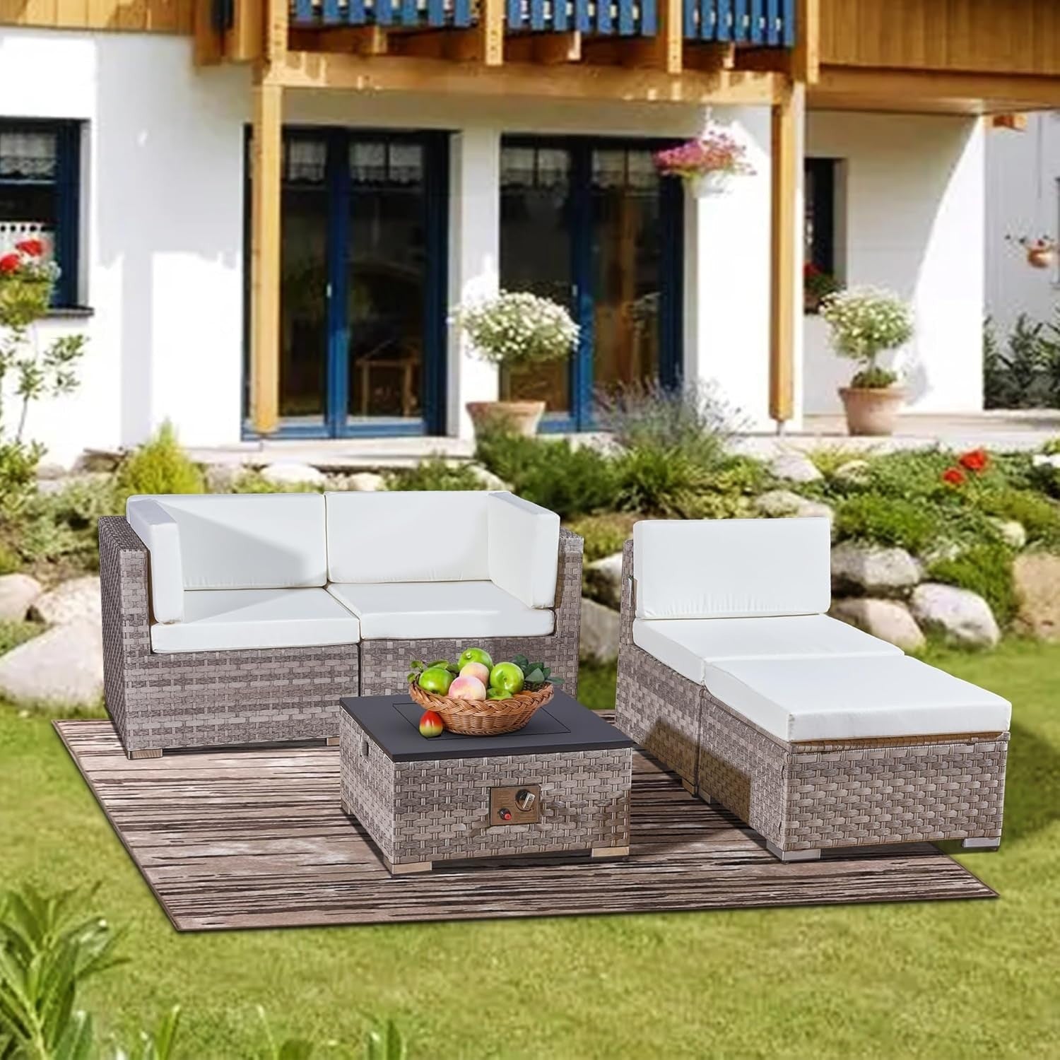 4-Piece Outdoor Rattan Sofa Set with Fire Pit Table Patio Garden Furniture Grey