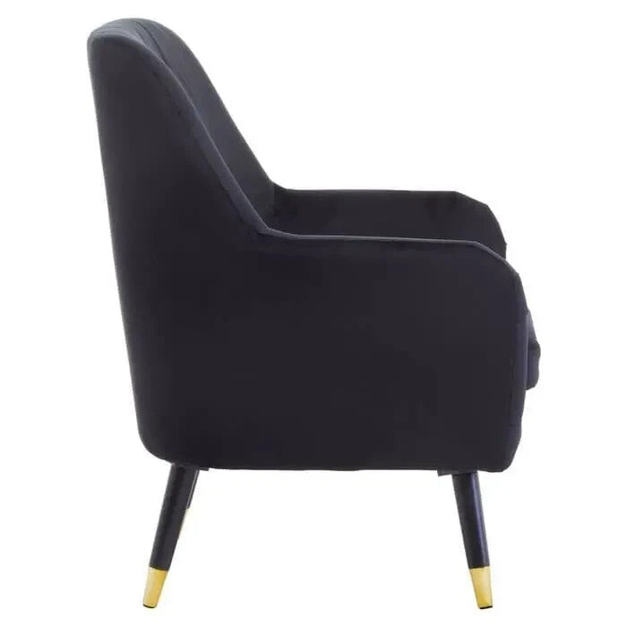 Black Velvet Accent Chair Gold Tip Legs Armchair Lounge Modern Channel Back