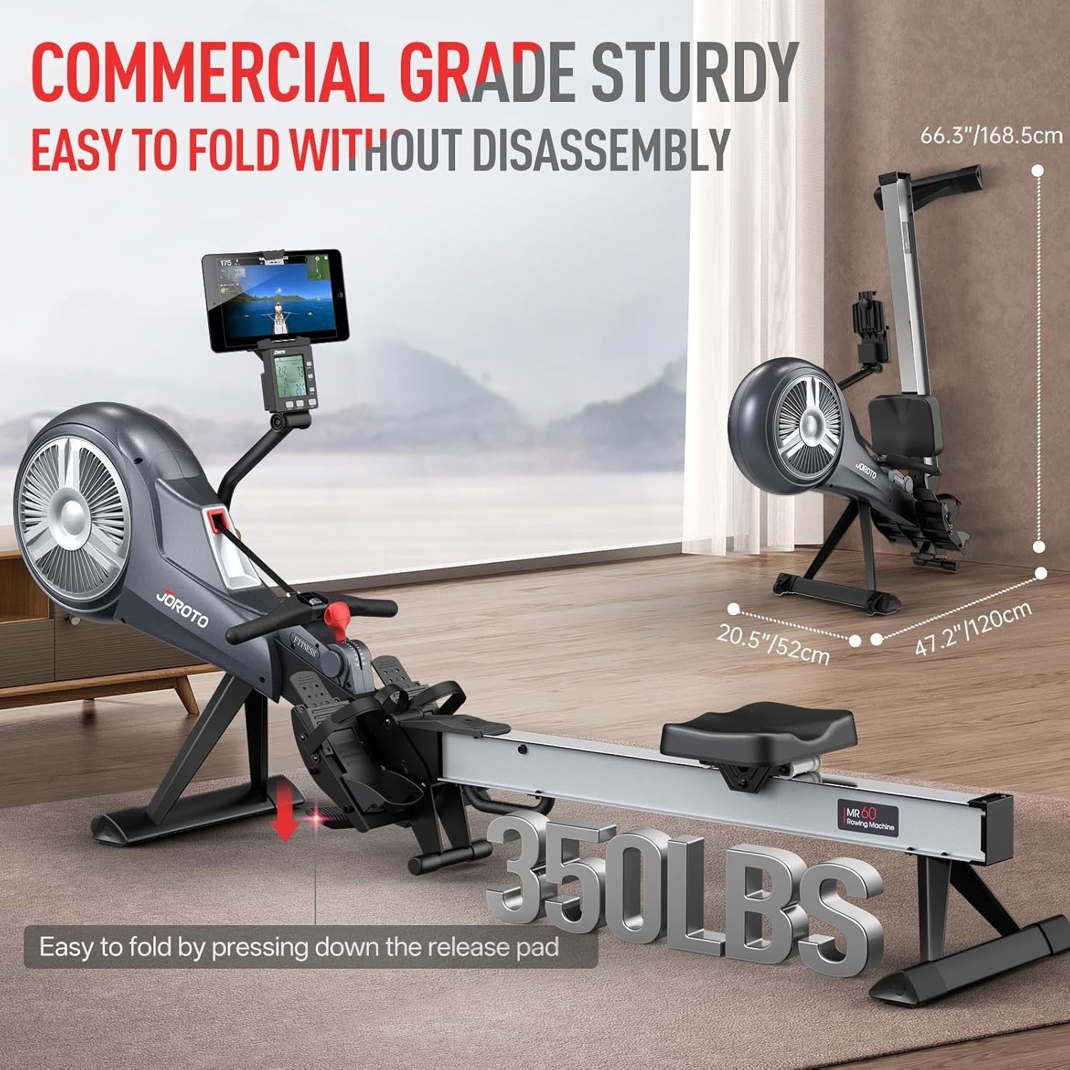 Foldable Air Magnetic Rowing Machine 10-Level Resistance Bluetooth Smart Monitor
