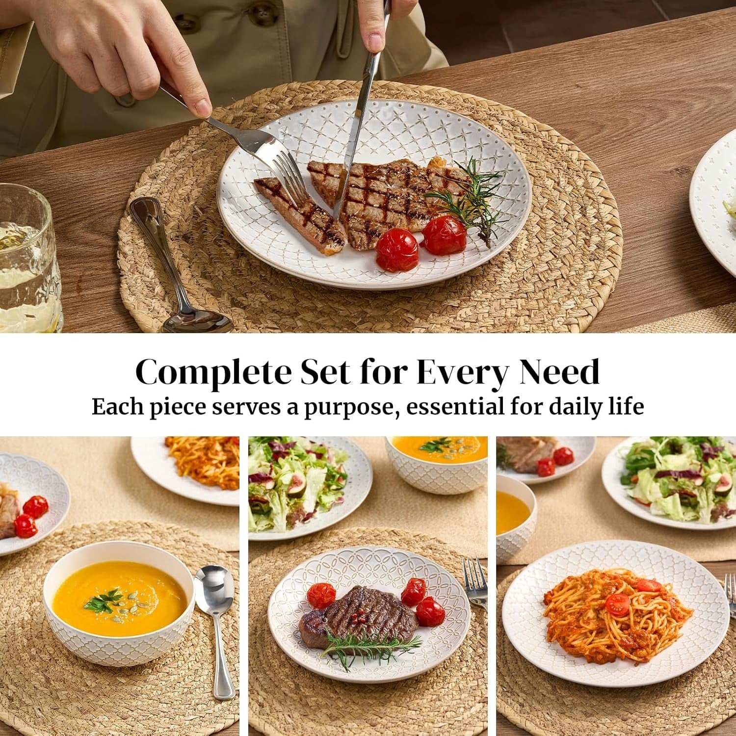 12 Piece Ceramic Dinner Set Plates Bowls Beige Modern Tableware Dishwasher Safe