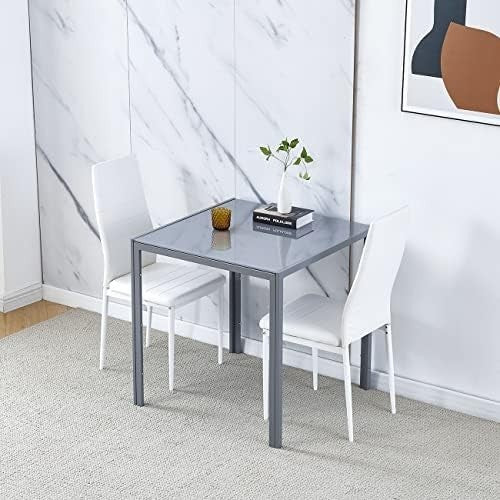 Square Glass Dining Table Set with 2 Chairs Modern Space Saving Design