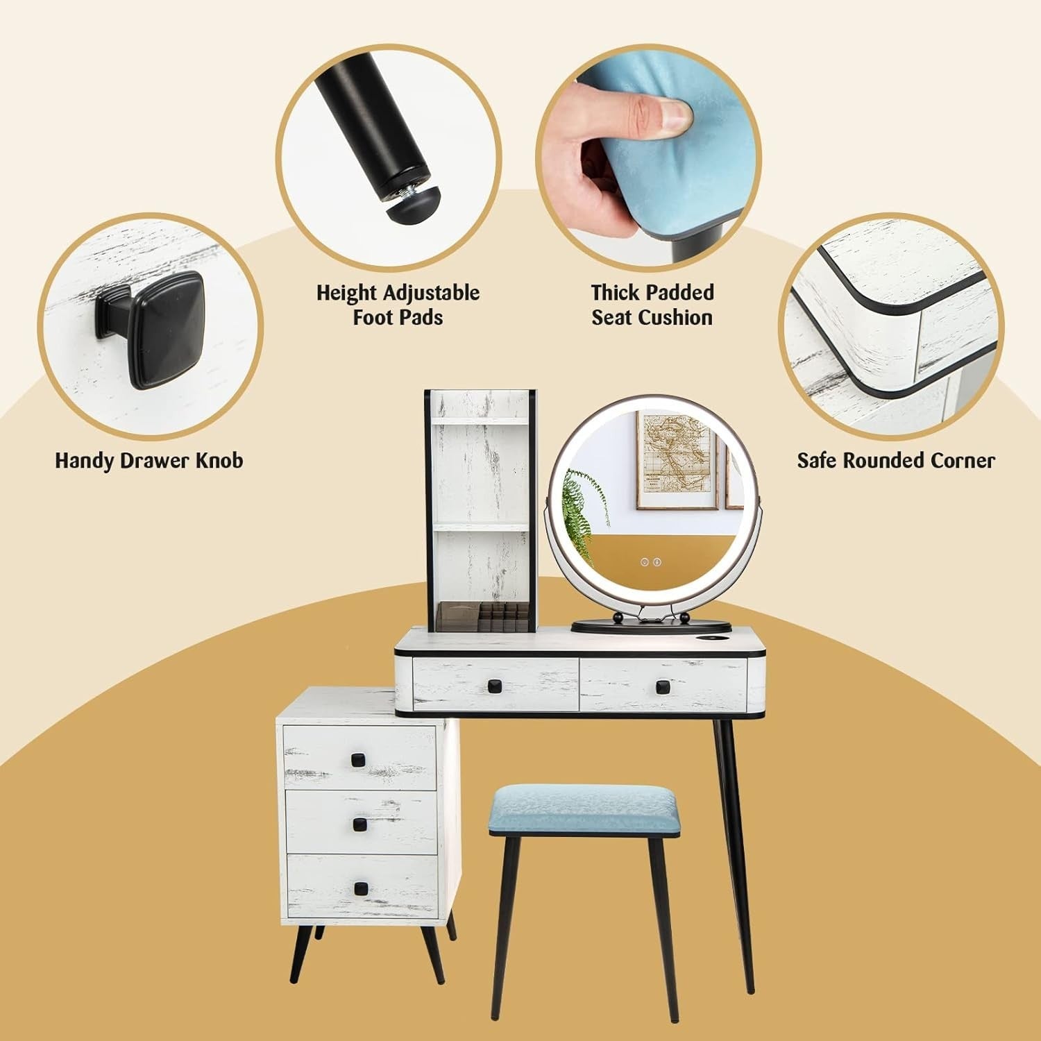 Vanity Desk Set w/LED Mirror & 3-Color Light, Charging Station, 2 Drawers, White