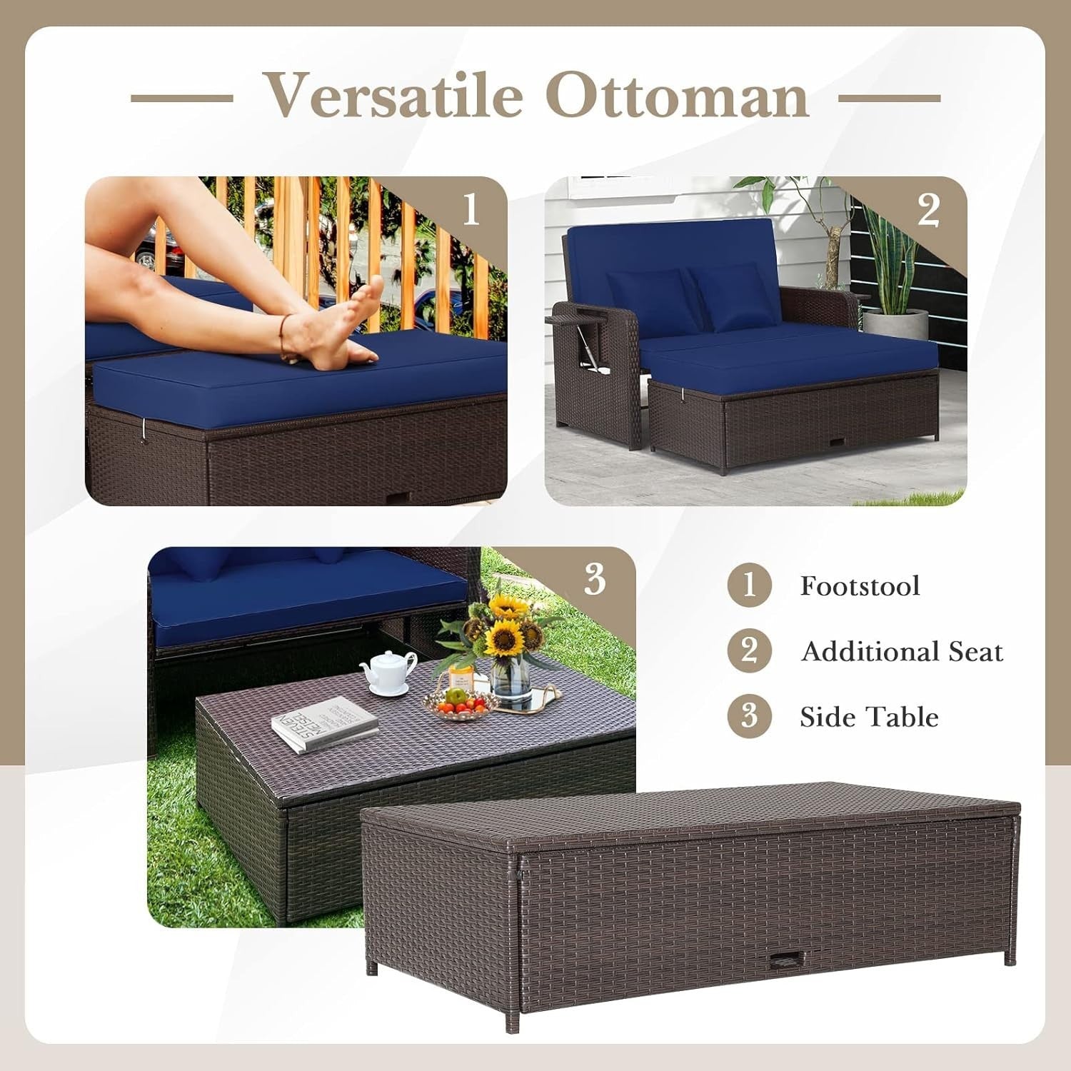 Navy+Brown 2-Seater Rattan Daybed Outdoor with Adjustable Back & Ottoman