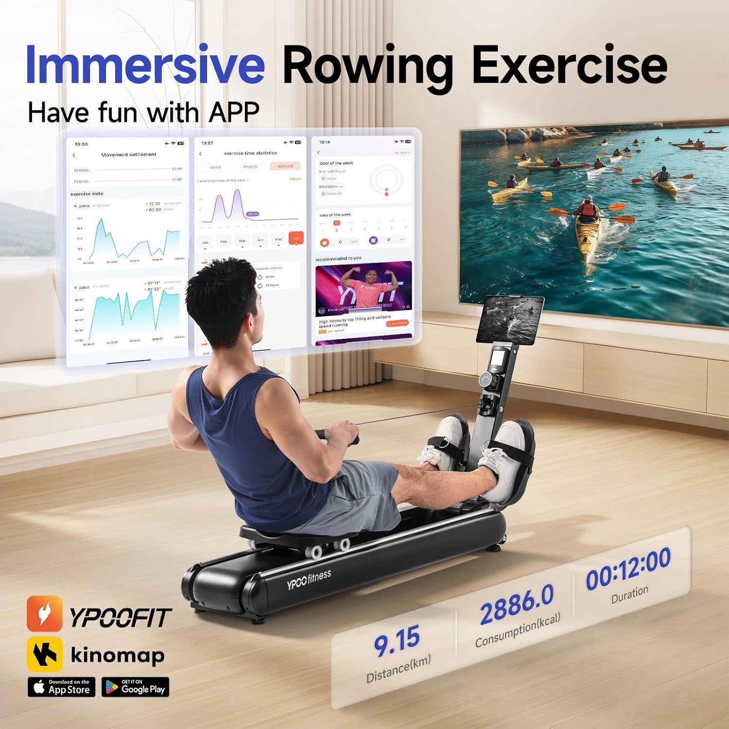 Foldable Magnetic Rowing Machine Quiet 16-Level Dual Rail App LCD Home Rower