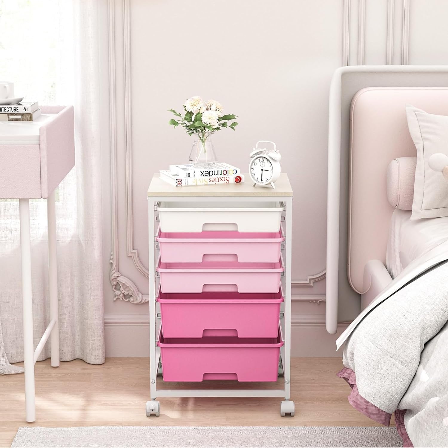 5 Drawer Rolling Storage Cart Pink Utility Organizer Trolley Wheels