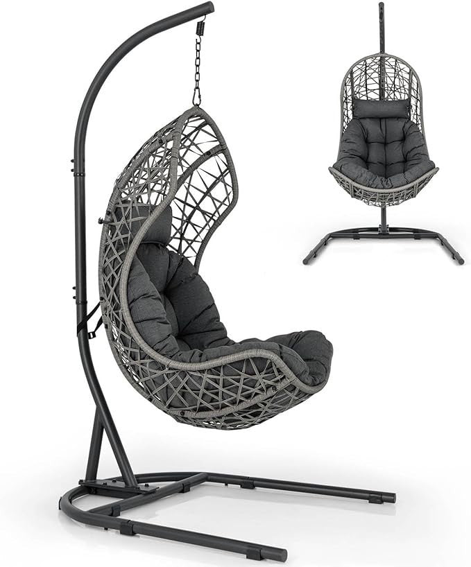 Luxury Rattan Egg Chair with Stand Swing Seat Cushion Pillow Indoor Outdoor