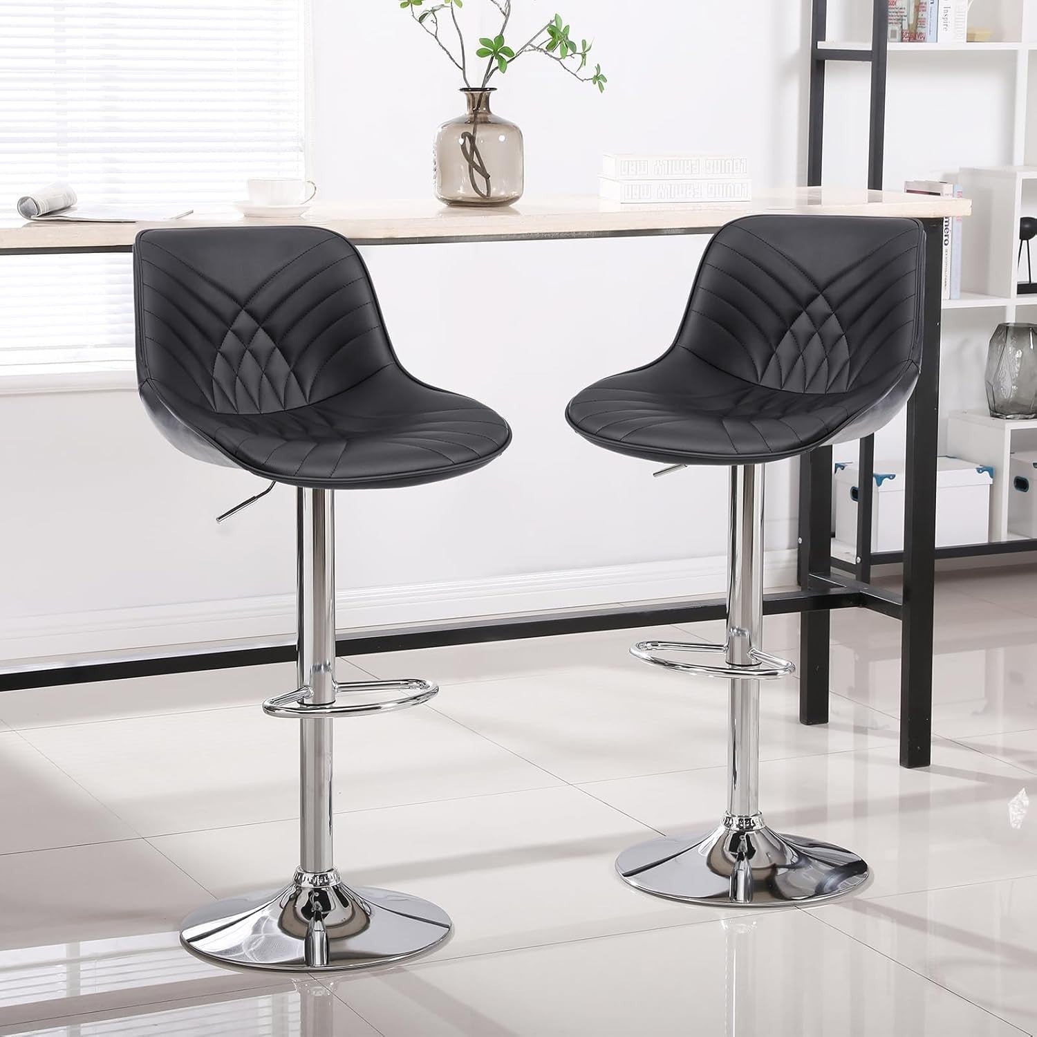 Adjustable Black Faux Leather Bar Stools Set of 2 Swivel Kitchen Counter