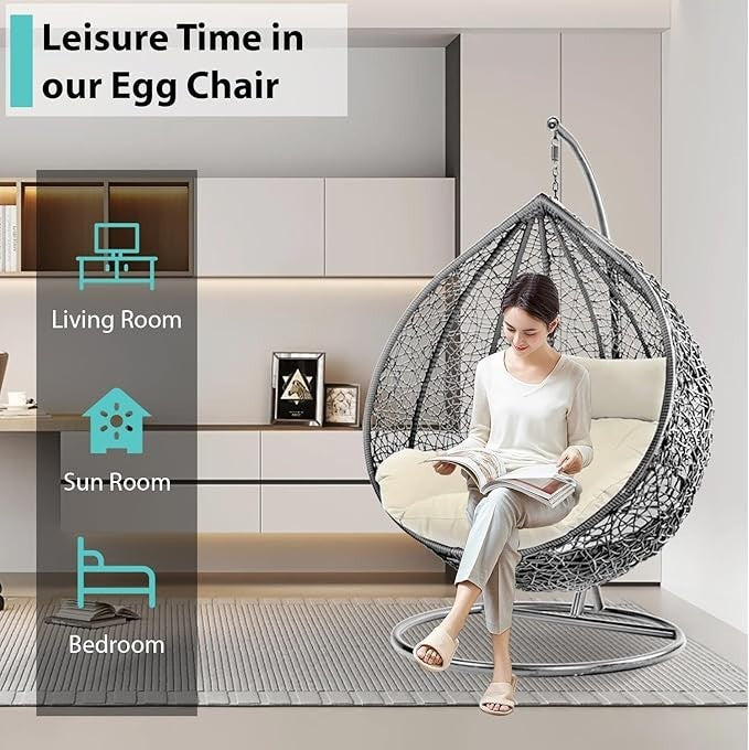 Outdoor Hanging Egg Chair with Cushion – Rattan Swing Seat, 150KG Support