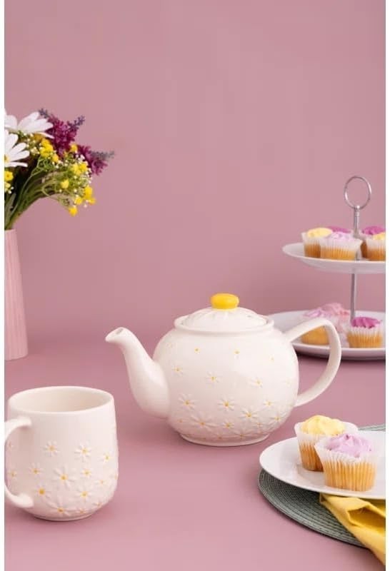 Ceramic Tea Set 3 Piece Teapot Creamer Sugar Bowl Daisy Pattern 1L