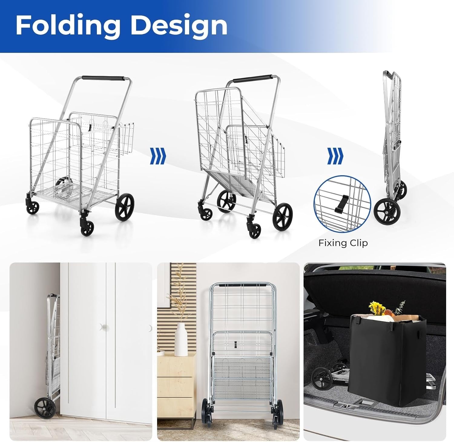 126L Foldable Shopping Trolley Cart – Heavy-Duty Metal, Waterproof, Black+Silver