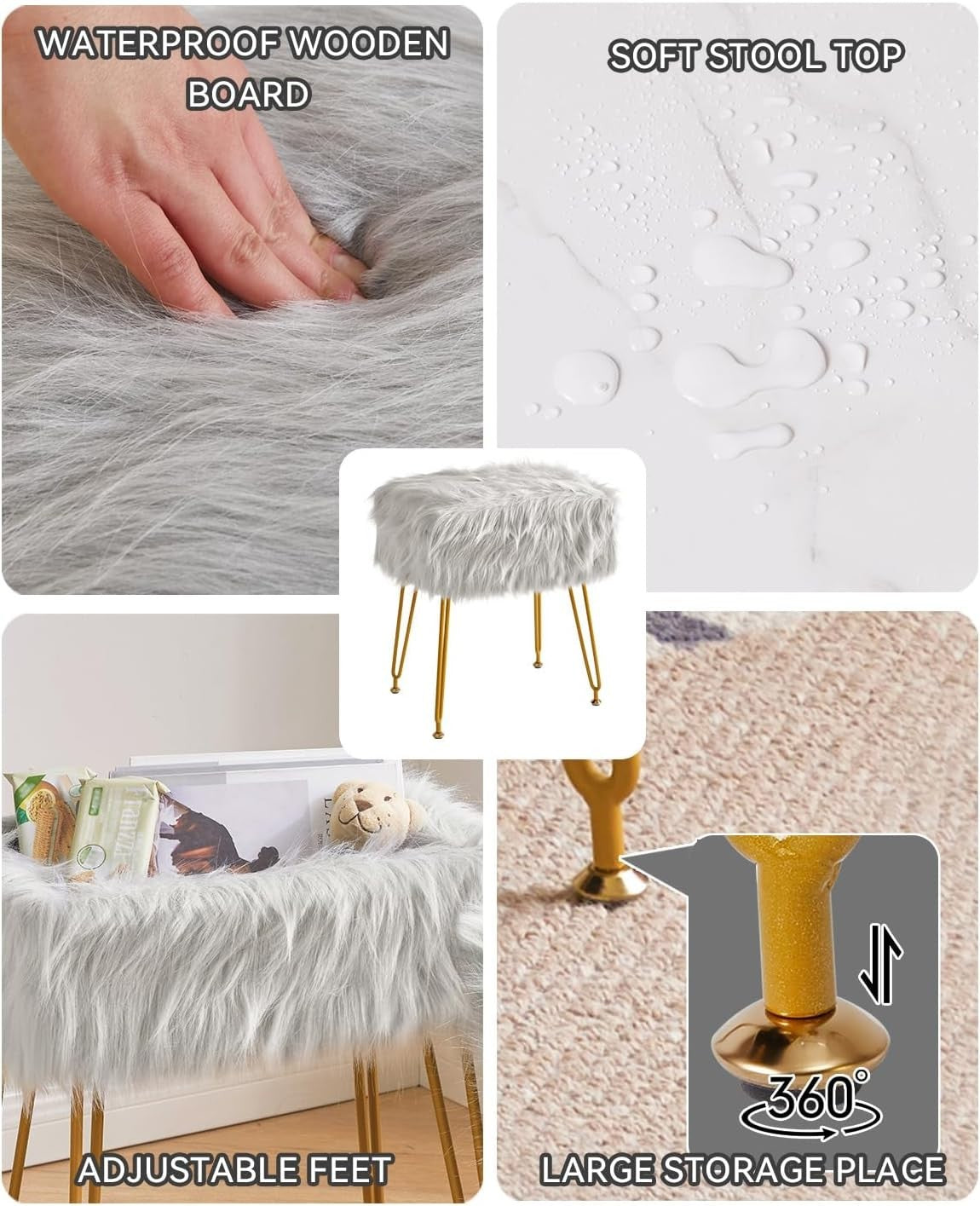 Grey Faux Fur Vanity Stool with Storage – Rectangular Makeup Ottoman Seat