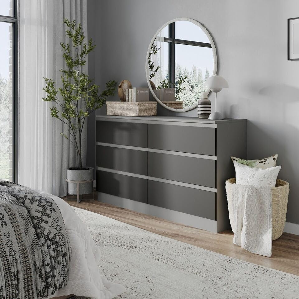 Modern 6 Drawer Chest Grey Black Storage Cabinet for Bedroom Office