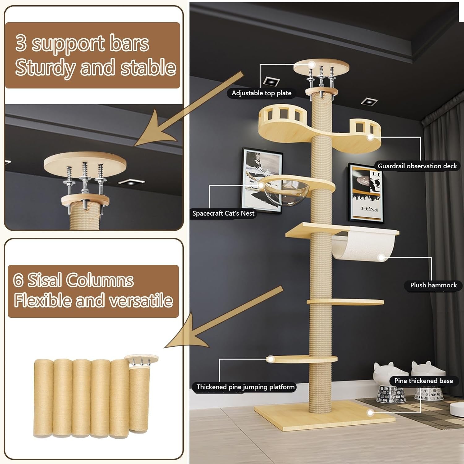 Beige Floor to Ceiling Cat Tree Adjustable Tower 6 Tier Scratching Post