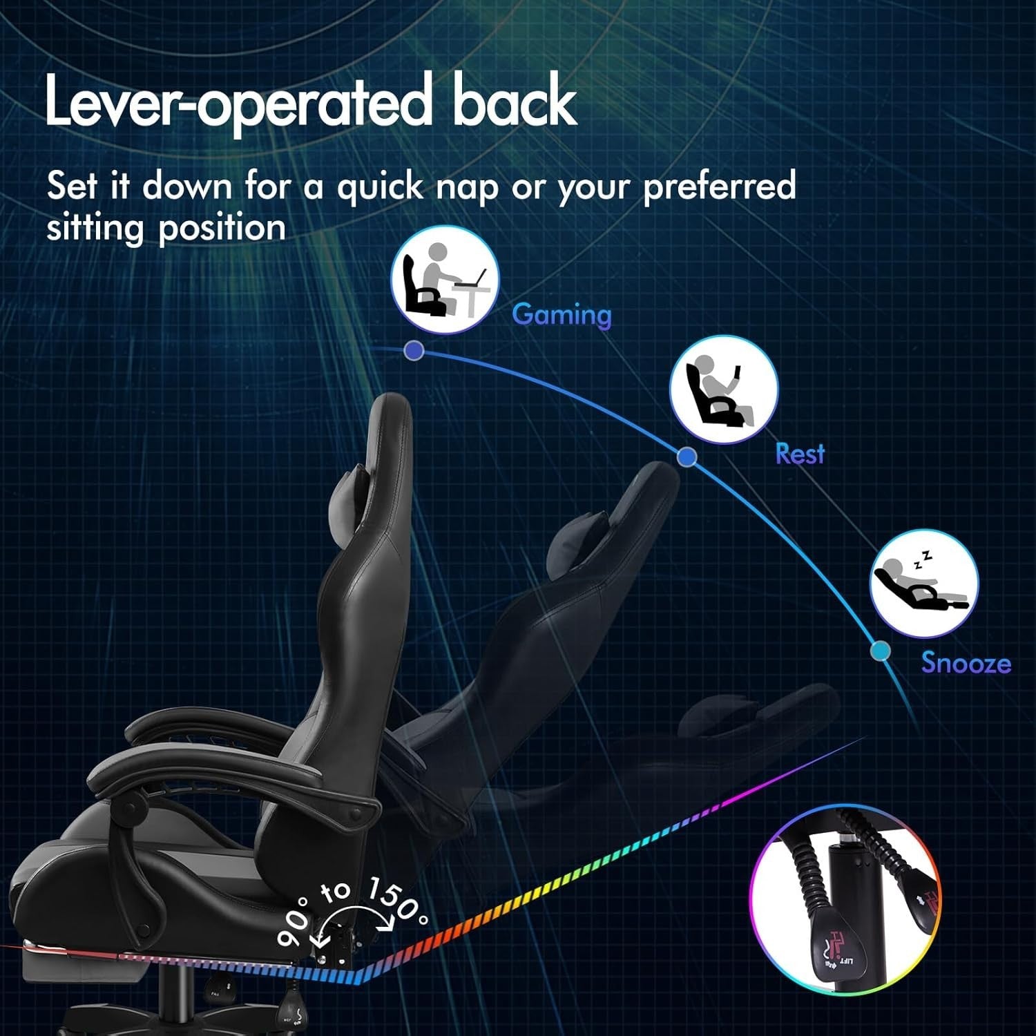 Grey Gaming Chair XL Massage Lumbar Footrest Ergonomic High Back PU Leather