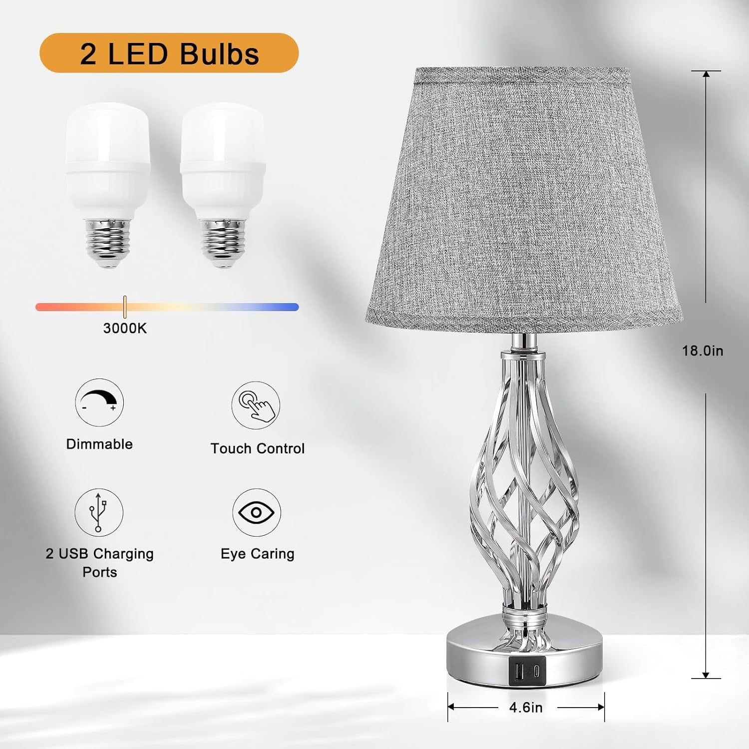 Touch Bedside Lamps Set of 2 USB Charging 3-Way Dimmable Grey Shades