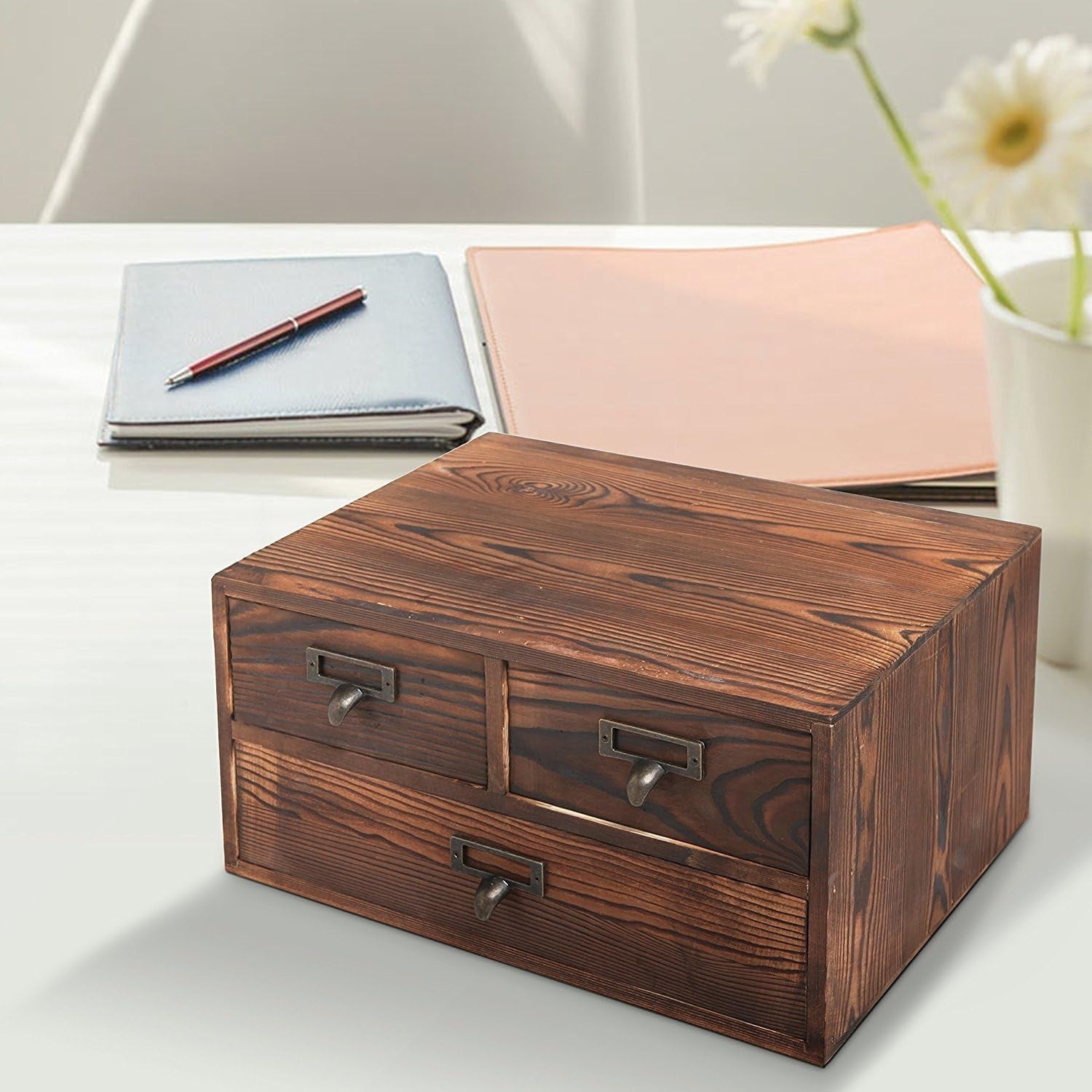 Dark Brown Wooden Desk Organizer with 3 Drawers for Office & Craft Storage