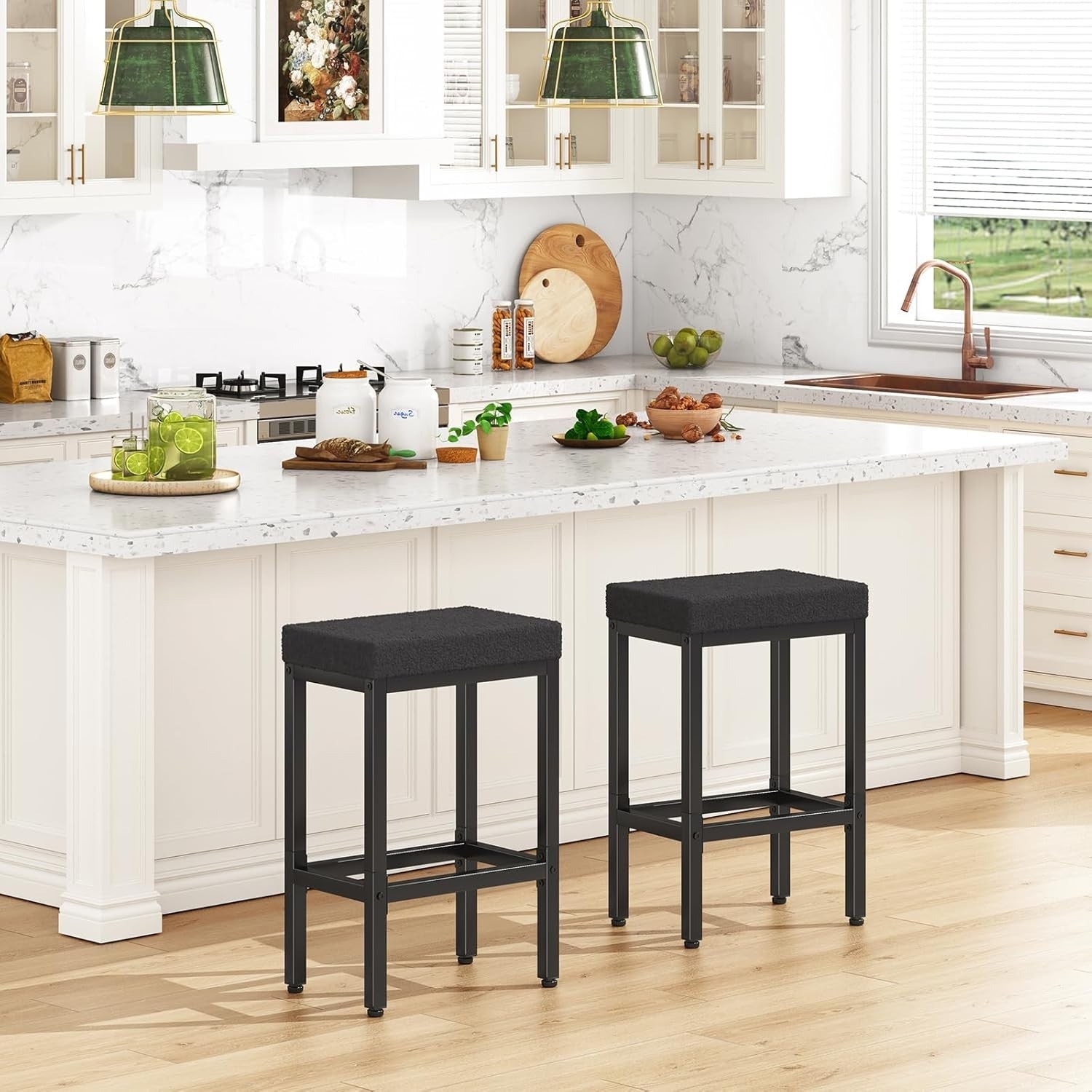 Black Bar Stools Set of 2 Counter Height Kitchen Chairs 66cm