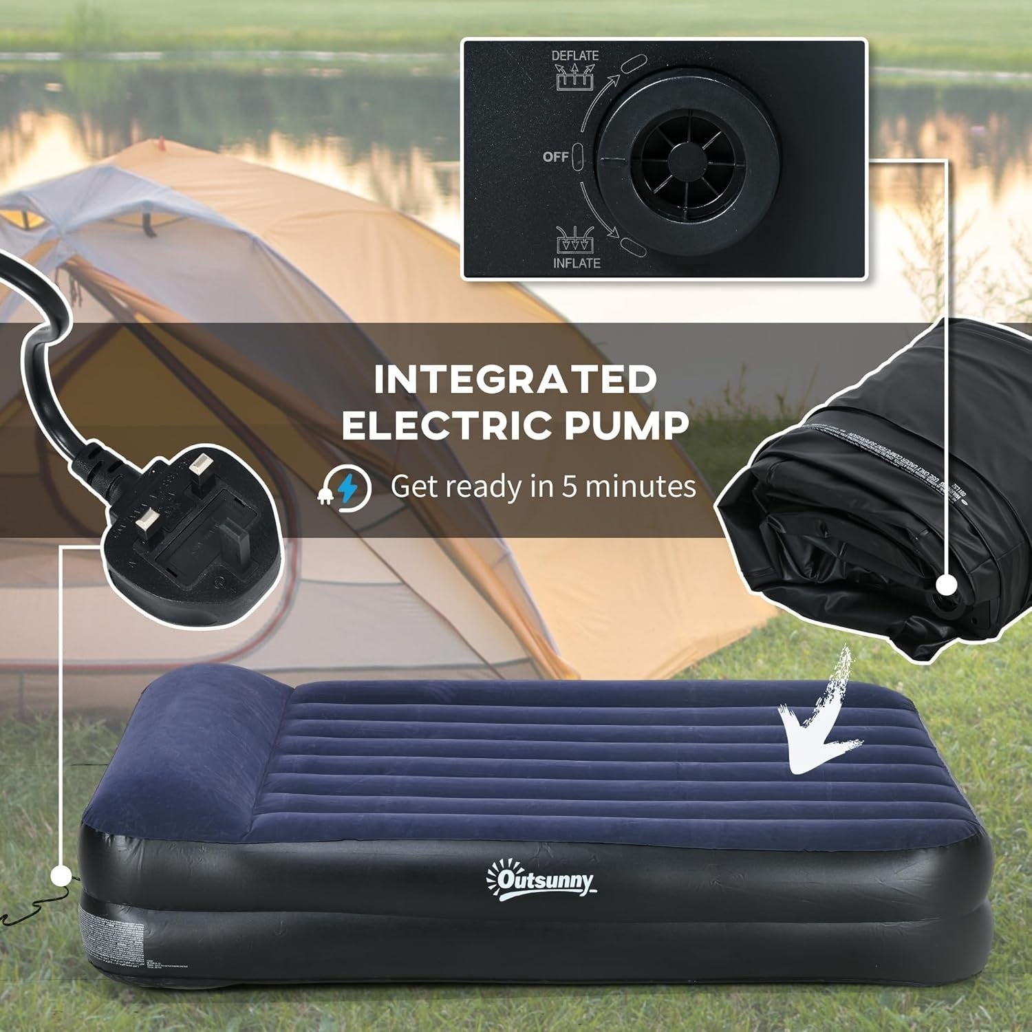 King Inflatable Air Mattress with Electric Pump & Built-in Pillow