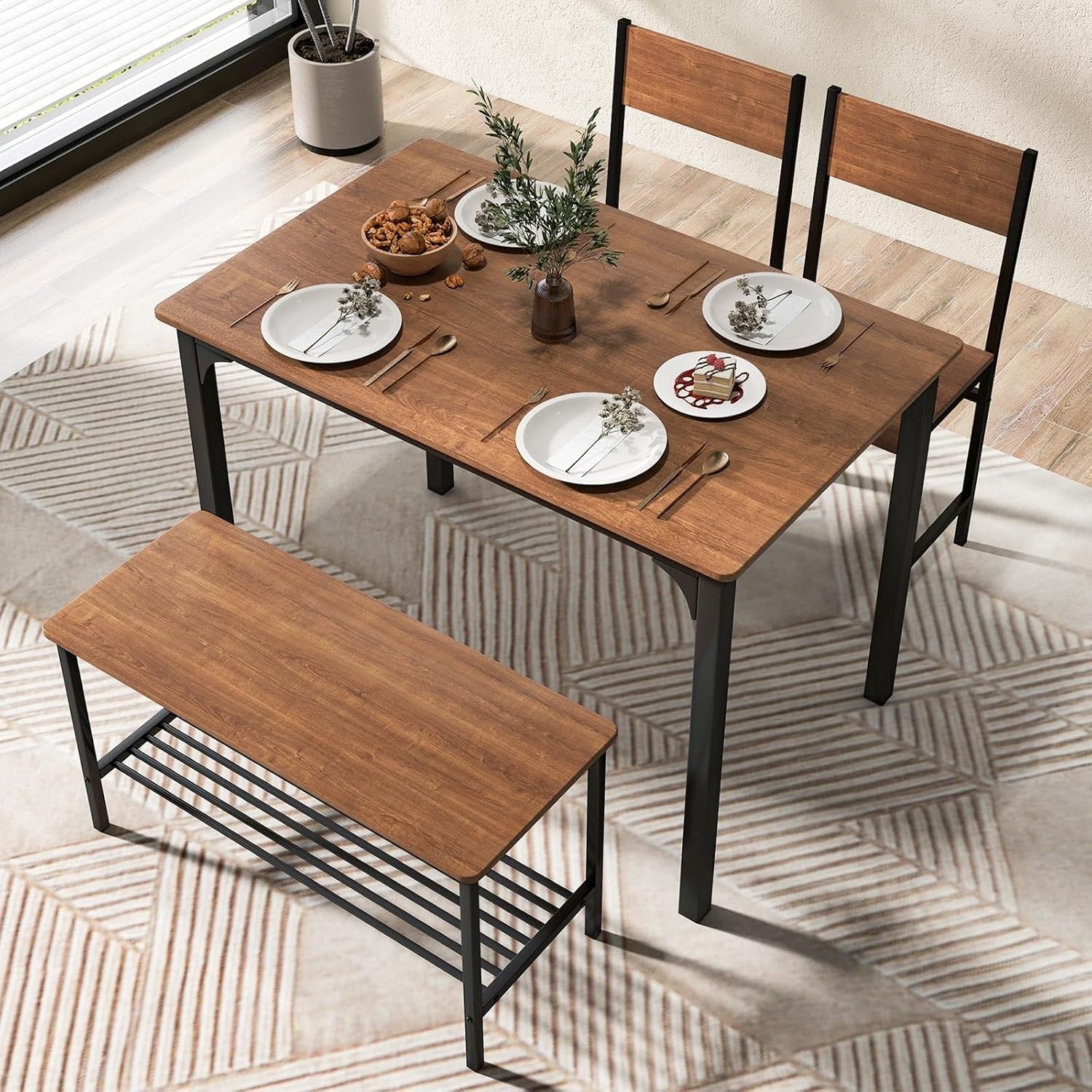 Teak Brown Industrial Dining Set with Bench & Storage Shelf – Seats 4