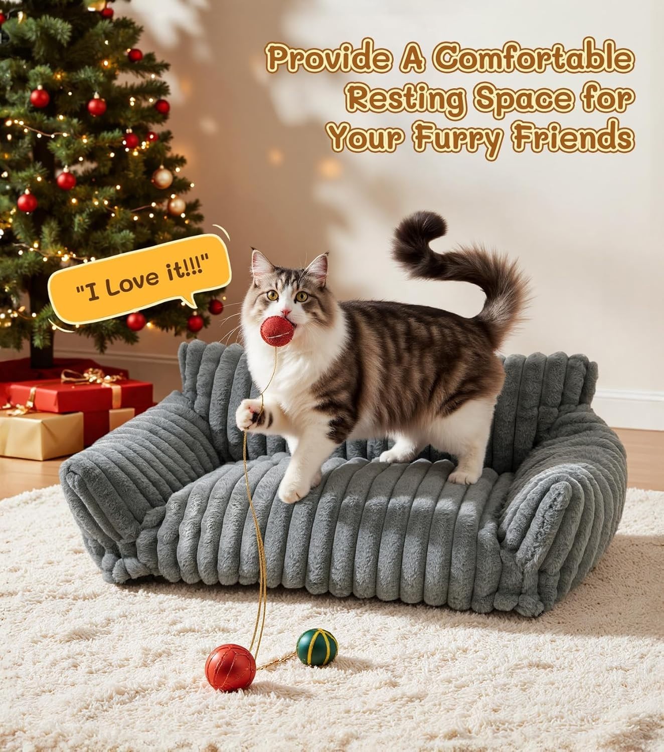 Fluffy Cat Dog Sofa Bed 91cm Calming Plush Pet Couch Washable Non Slip