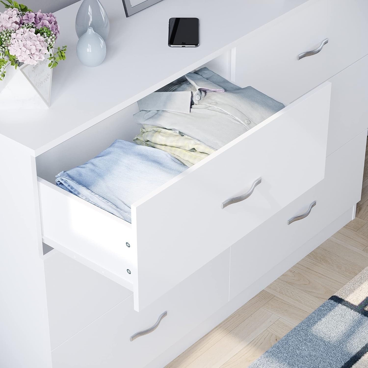 White 6 Drawer Chest Bedroom Storage Unit Sliding Drawers Flatpack