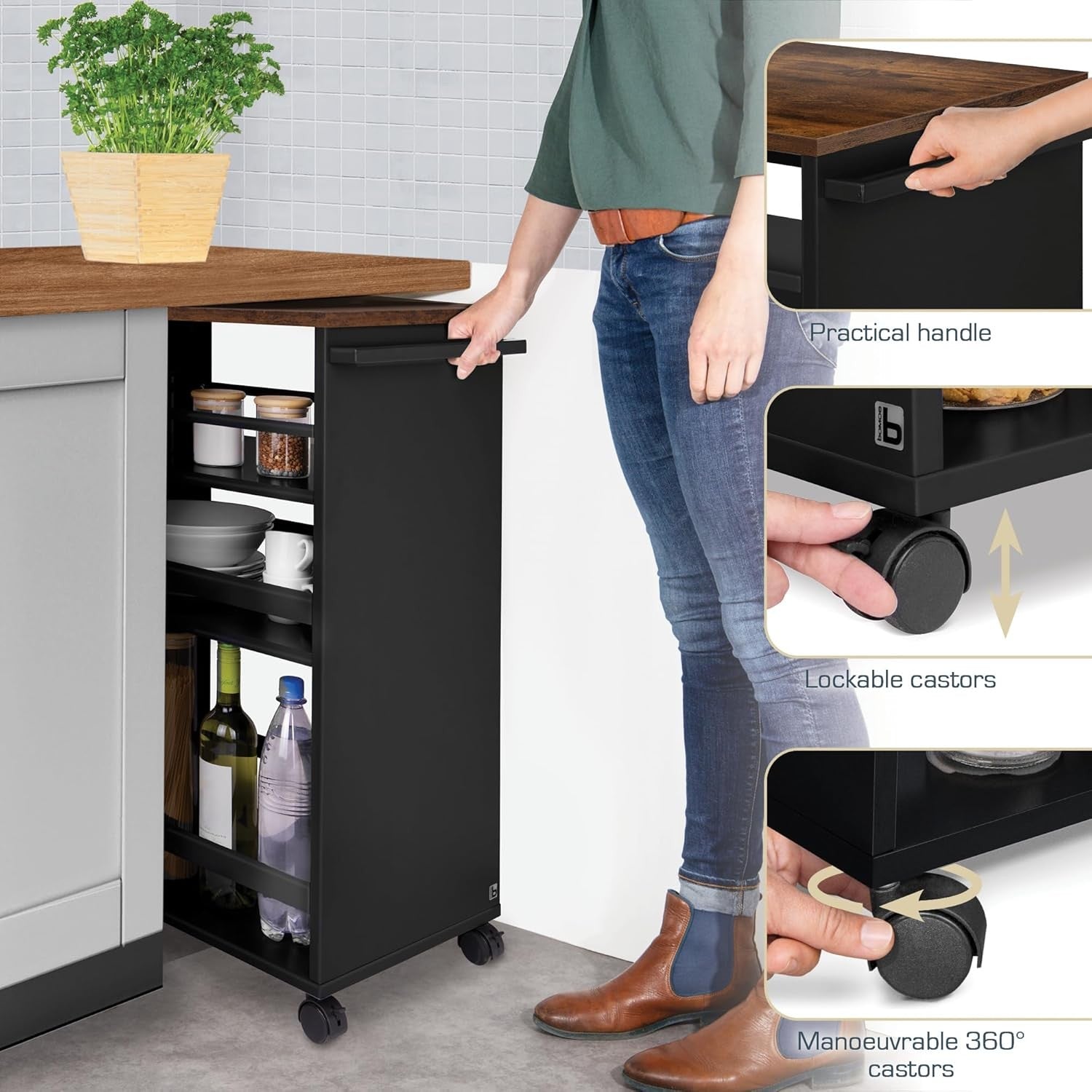 Kitchen Cart Trolley Wheels 3 Tier Adjustable Shelves Wooden Worktop