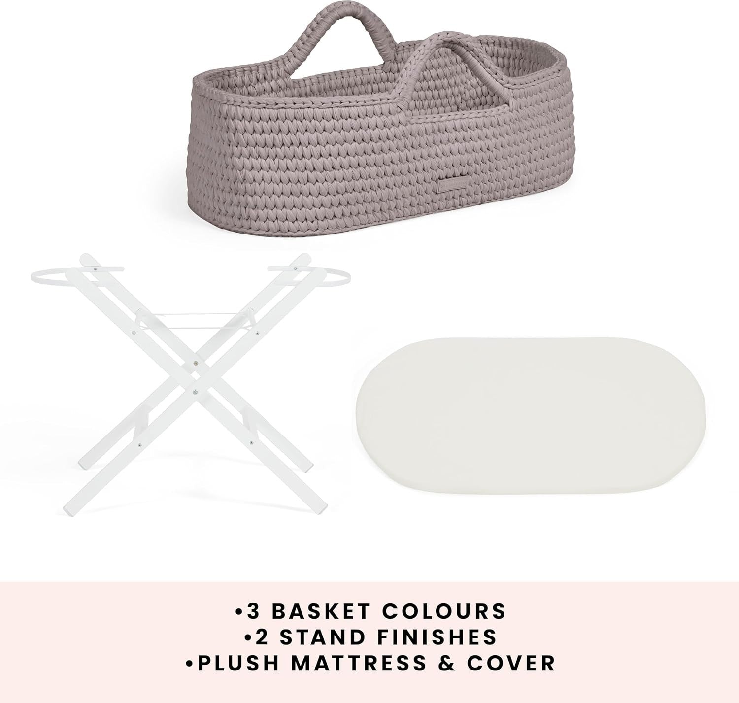 Crochet Moses Basket with Foldable Stand & Mattress Lightweight Tawny White