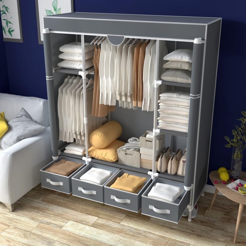Canvas Wardrobe Storage with Hanging Rail & Shelves – Large, Durable, Dustproof