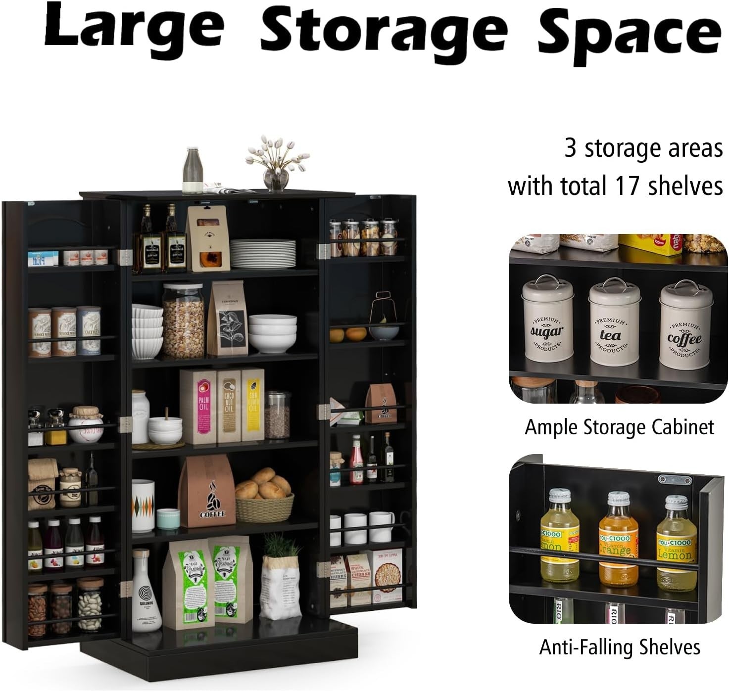 Black 60x40x120cm Kitchen Cupboard Pantry Cabinet Adjustable Shelves